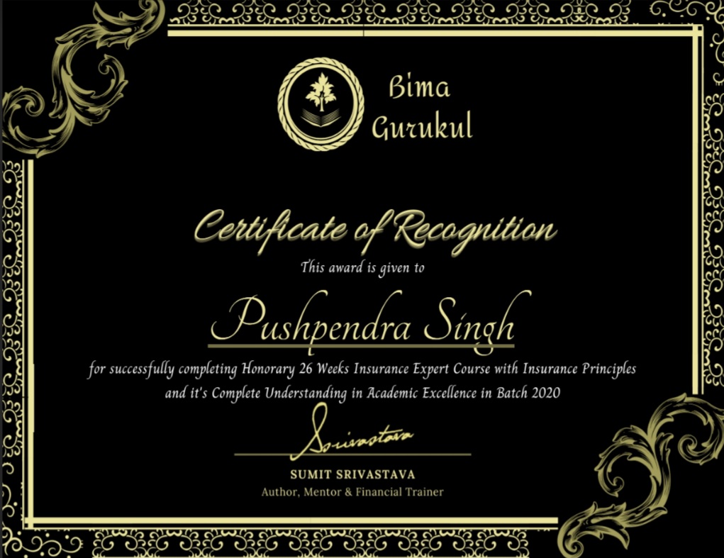 Golden trophy and framed certificates displayed on dark wooden shelf in office with warm spotlight recognizing DODIA INSURANCE achievement in Rajsamand